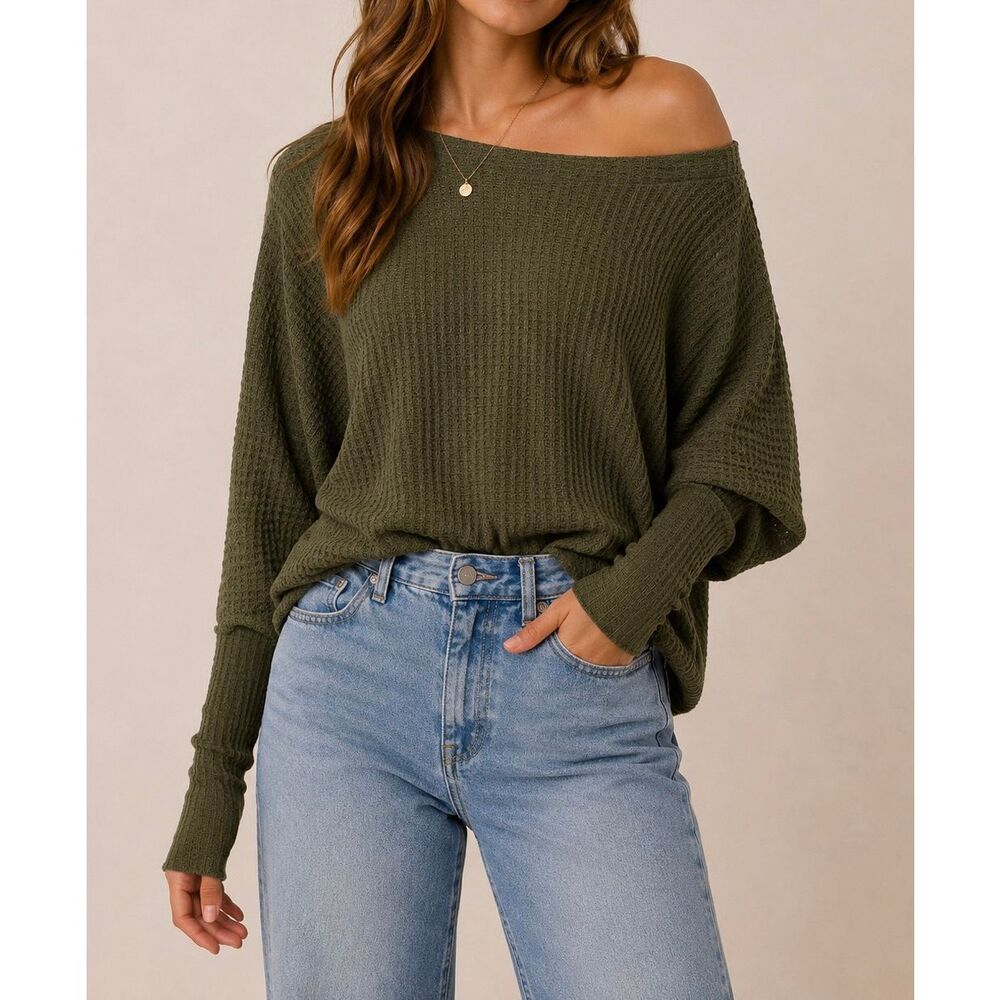 Intimately Free People Olive Waffle Knit Off Shoulder Thermal Top